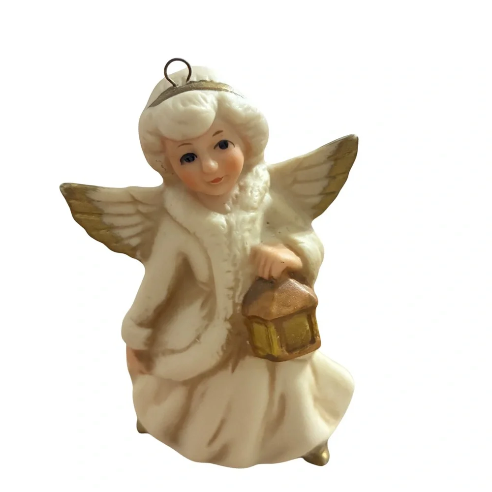 Vintage HOMCO Porcelain Angel Trio Christmas Ornaments 1960’s Ivory & Gold